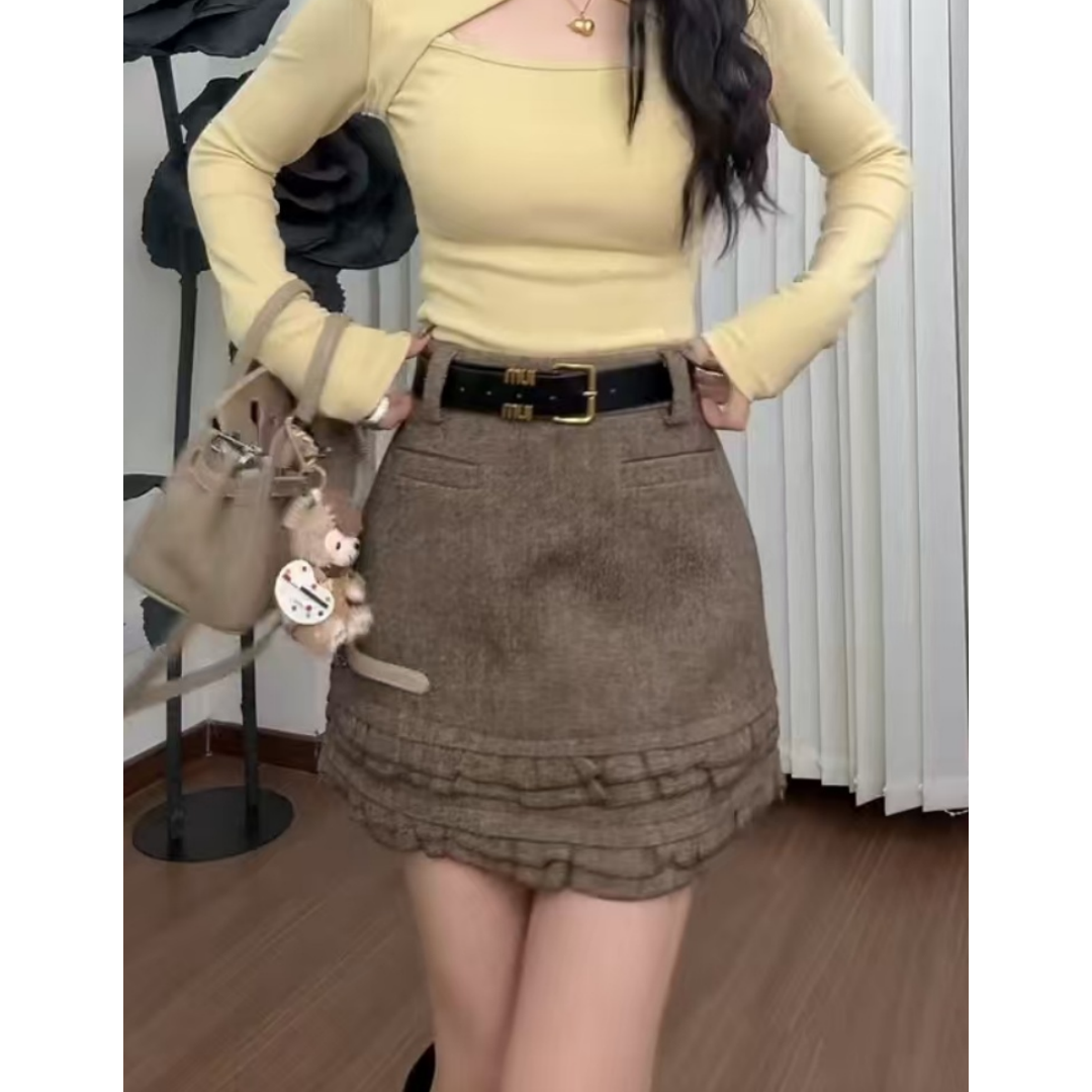 景倩妮韩系木耳边百搭毛呢短裙2024年冬季新款梨形高腰显瘦半身裙,淘宝优惠券,粉丝福利购,淘宝优惠卷