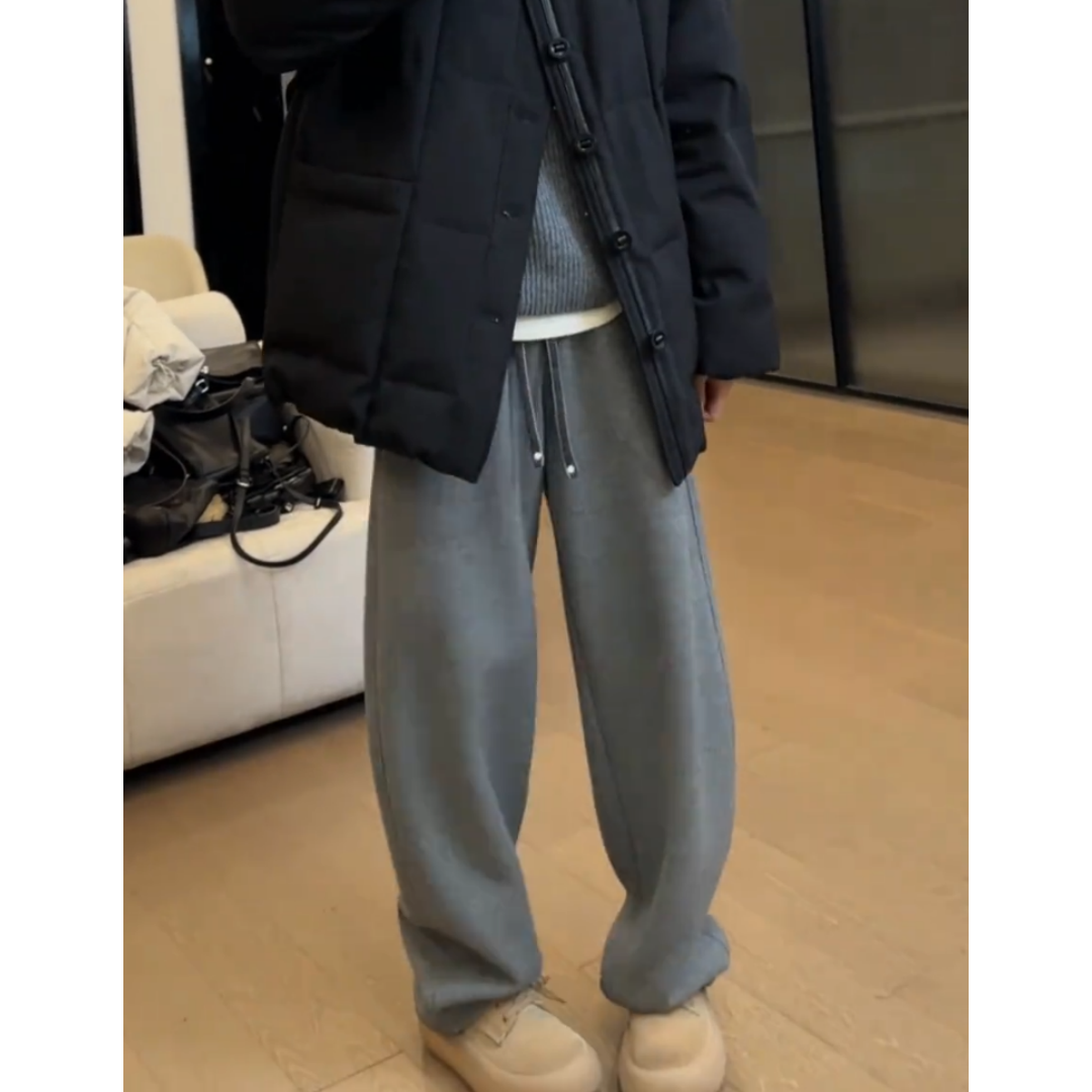 景倩妮灰色数字刺绣休闲裤2024年冬季新款加绒高腰显瘦宽松弯刀裤,淘宝优惠券,粉丝福利购,淘宝优惠卷