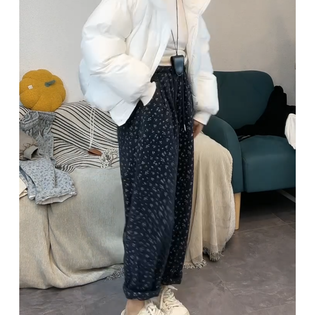 景倩妮韩系小碎花休闲卫裤2024年冬季新款加绒高腰显瘦九分哈伦裤,淘宝优惠券,粉丝福利购,淘宝优惠卷