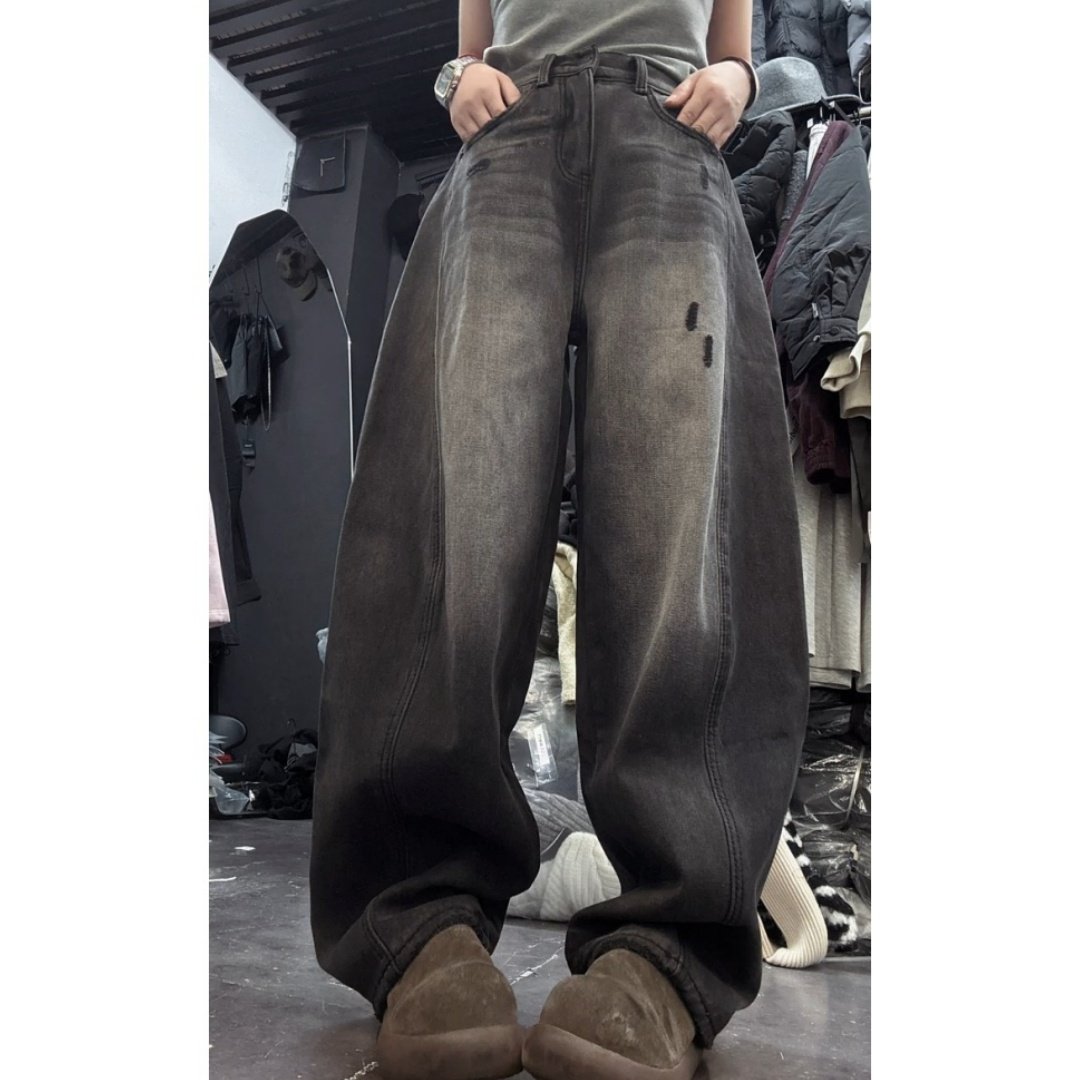 做旧破洞设计弯刀牛仔裤2025年冬季新款加绒显瘦窄版阔腿裤,淘宝优惠券,粉丝福利购,淘宝优惠卷