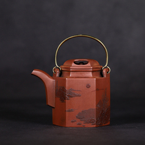 Early one factory old pot Gu Jingzhou full handmade hexagonal cow cover Tiliang jug original mine bottom tank clear clay painting old Tibetan tea set