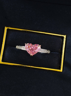 S925银谈恋爱】进口樱花粉钻爱心形粉色宝石轻奢风时尚戒指女