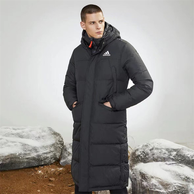 圆圆体育 adidas秋冬新款男款黑色 户外运动长款连帽羽绒服GK0664 - 图0