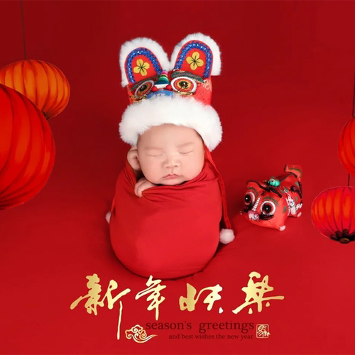 新款婴儿虎头帽影楼拍照道具新生儿拍照裹布满月宝宝摄影老虎帽子 - 图0