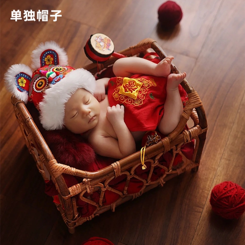 新款婴儿虎头帽影楼拍照道具新生儿拍照裹布满月宝宝摄影老虎帽子 - 图1