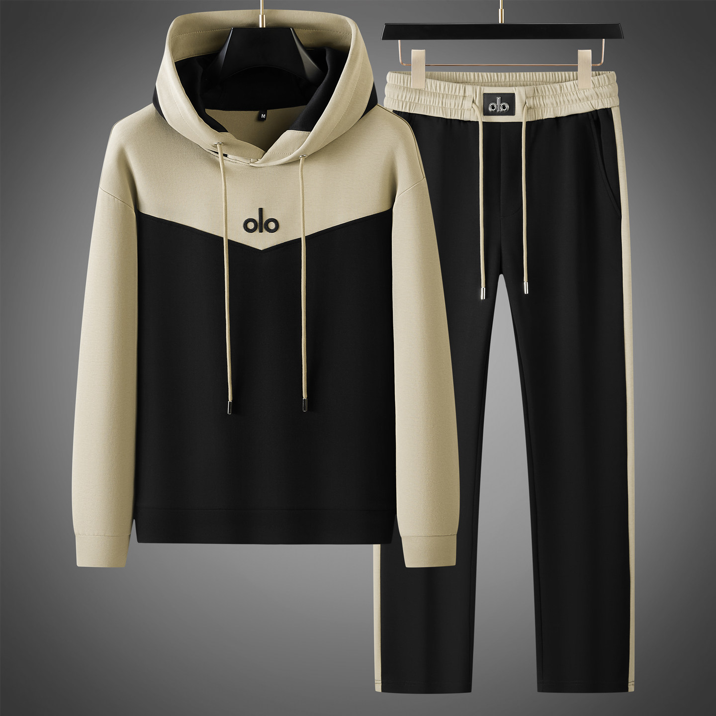 春秋高端连帽休闲套装男士舒适透气混纺棉时髦修身卫衣运动两件套 - 图1