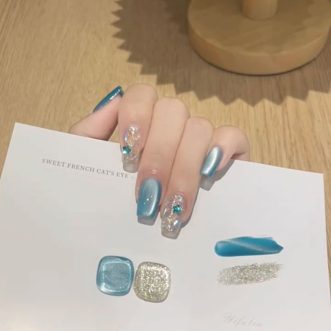 新款多巴胺冰透海蓝玻璃珠猫眼美甲成品可重复使用手工定制穿戴甲 - 图0