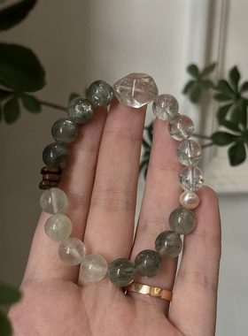 木-天然水晶绿幽灵孔雀石绿檀木绿幽灵手串手串五行喜木生日礼物