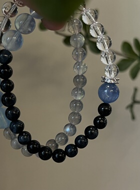 水金天然黑曜石白水晶海蓝宝蓝晶石黑发晶手链多圈手串喜水金