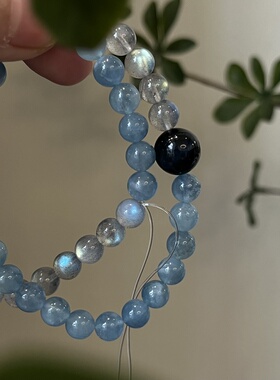 水-天然水晶黑发晶蓝晶石海蓝宝黑曜石手串招财五行喜水补水礼物