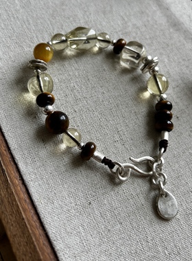 S999纯手工银饰-天然黄水晶虎眼石白水晶银手链招财礼物男款情侣