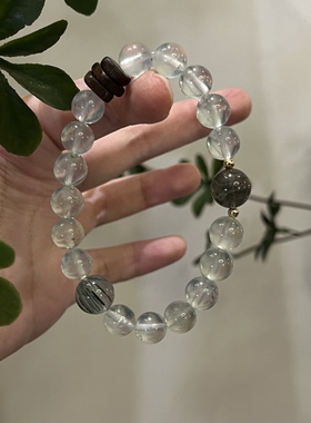 木-天然水晶绿幽灵孔雀石绿檀木绿幽灵手串手串五行喜木生日礼物