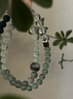 木-天然水晶绿幽灵孔雀石绿檀木绿幽灵手串手串五行喜木生日礼物