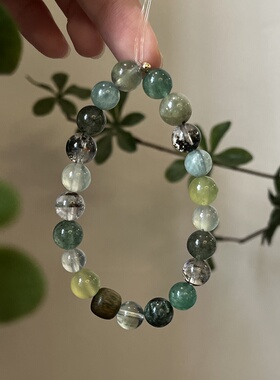 木-天然水晶绿幽灵孔雀石绿檀木绿幽灵手串手串五行喜木生日礼物