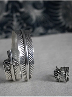 民族风苗银羽毛叶子原创手工戒指