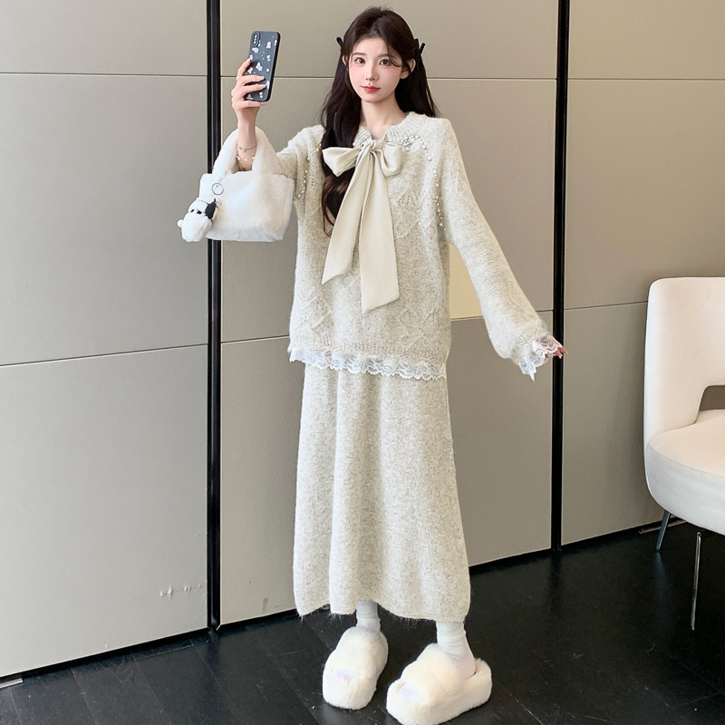 孕妇连衣裙杏色套装秋冬2026新款孕妈休闲针织毛衣半身裙两件套女,淘宝优惠券,粉丝福利购,淘宝优惠卷