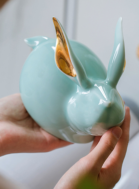 景德镇陶瓷摆件兔子现代可爱兔子摆件陶瓷办公室桌面装饰新年礼物