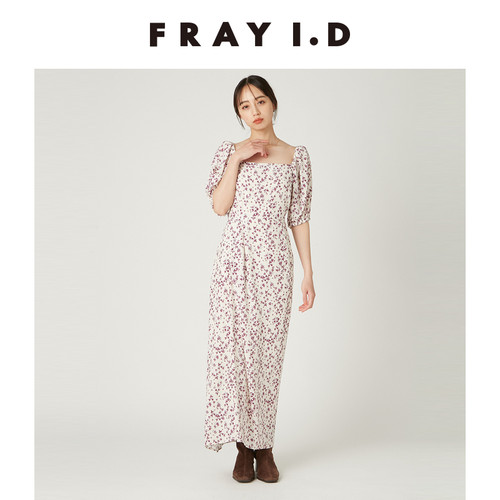 FRAY I.D秋冬优雅时尚方领印花露肩开叉连衣裙FWFO254144 - 图1