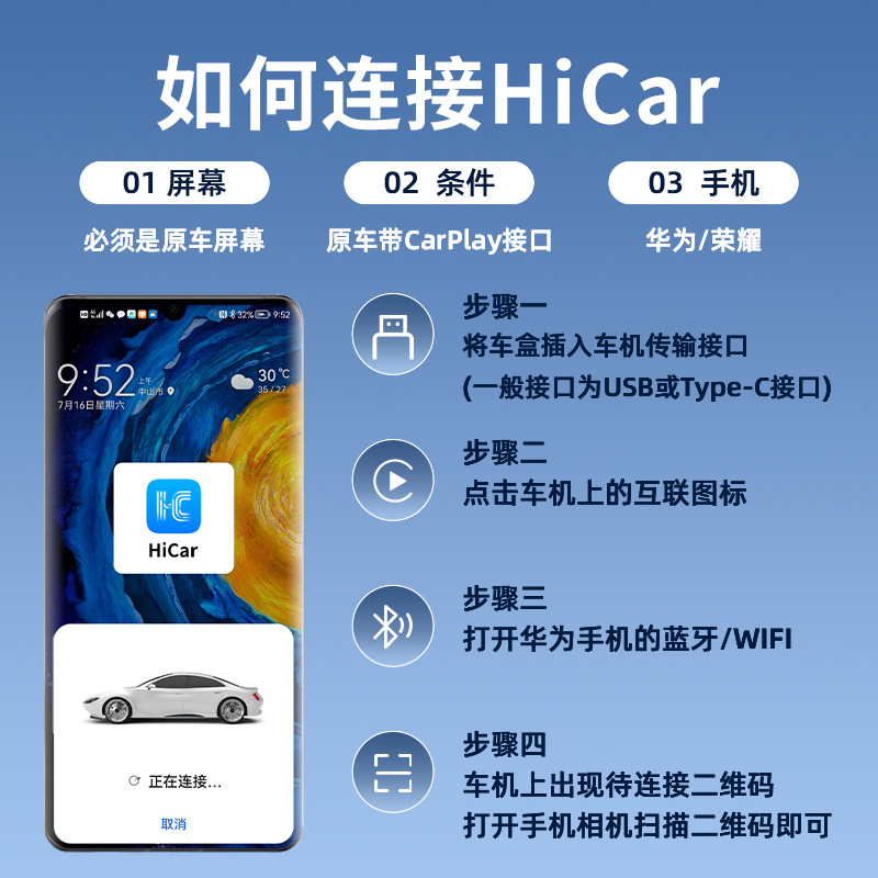 适用于华为手机车载互联导航原车无线carplay盒子转无线hicar盒子-图0