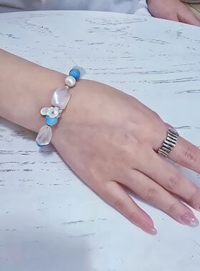 Long高定私享 海的女儿  精品蓝月光海纹石天然珍珠925银水晶手串