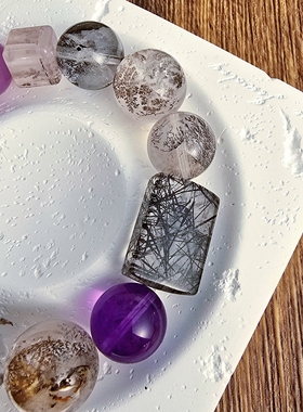 Long高定私享 库洛米 天然黑发晶牌紫锂黑闪灵小树胶花紫水晶手串