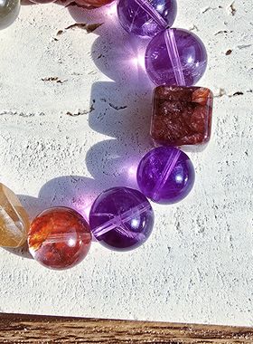 Long高定私享 高端局 天然正宫红牛血红胶花金发晶黄胶紫水晶手串