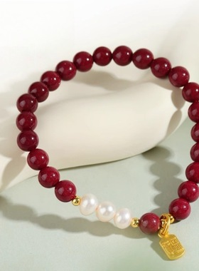 新中式典雅6MM三颗珍珠福牌手串圆润珍珠串联古朴福牌设计尽显东