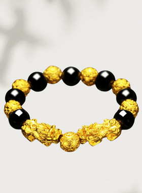 金色貔貅手链男士款女黑石实心守护手串送礼首饰六字箴言佛珠礼物