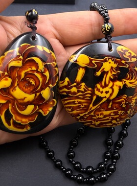 直播二代黑药珀描金马到成功灯照变色紫珀龙凤毛衣链玫瑰花吊坠