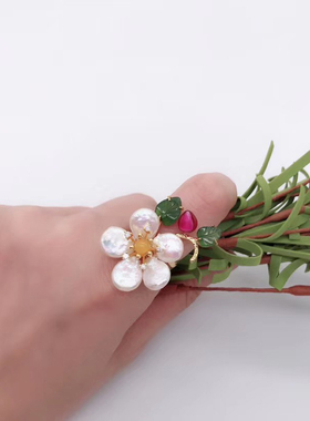 复古开口蜜蜡琉璃珍珠戒指女个性