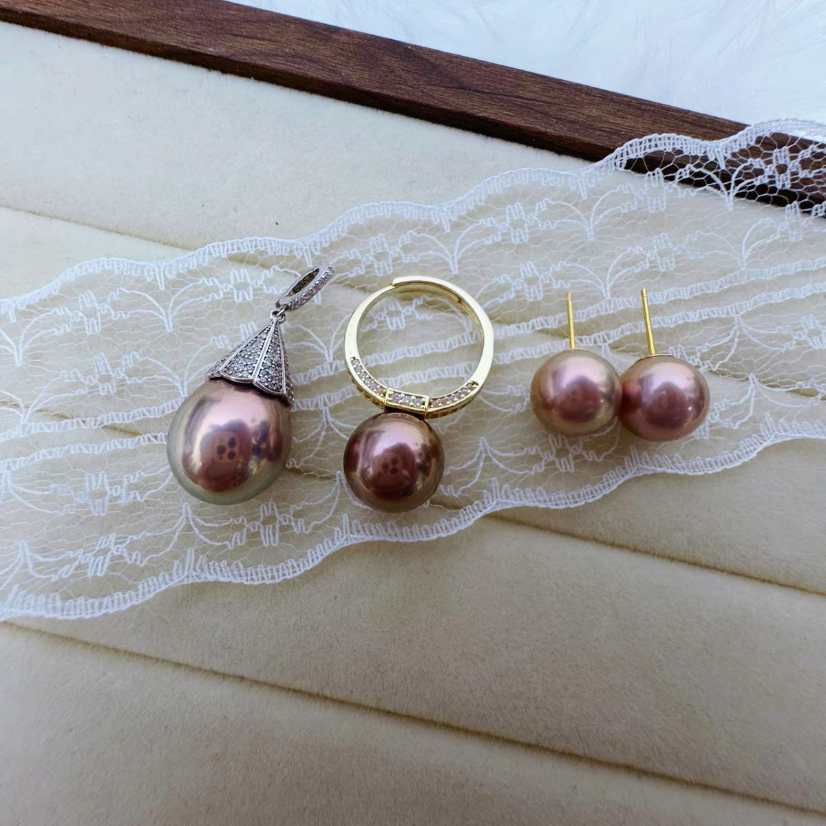 Rare burgundy color unique set high quality mirror light natural freshwater pearl ring earrings pendant