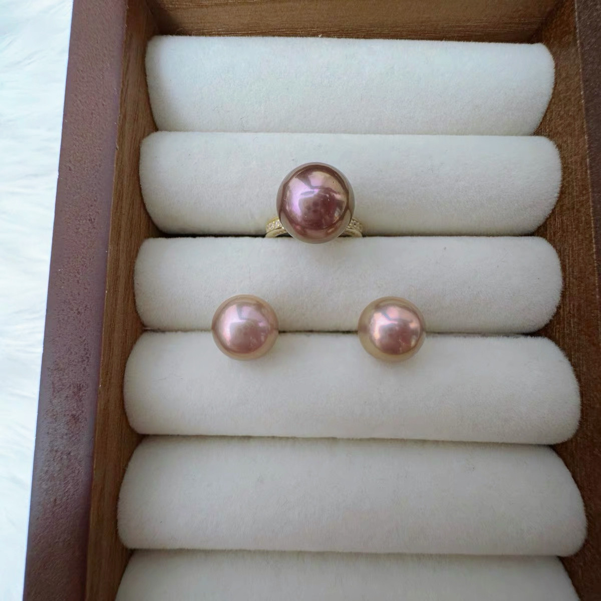 Rare burgundy color unique set high quality mirror light natural freshwater pearl ring earrings pendant