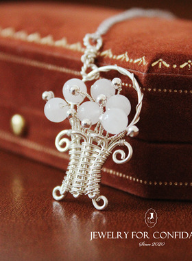 项链女2024年新款999纯银手工白玉花篮锁骨链小众设计复古高级感