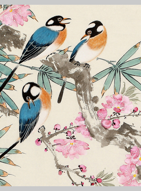 桃花四喜早春竞艳国画微喷装饰画