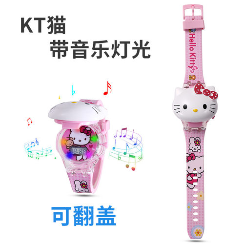 可爱猫咪翻盖发光音乐手表儿童卡通玩具表电子手腕表可爱礼物夜光 - 图3