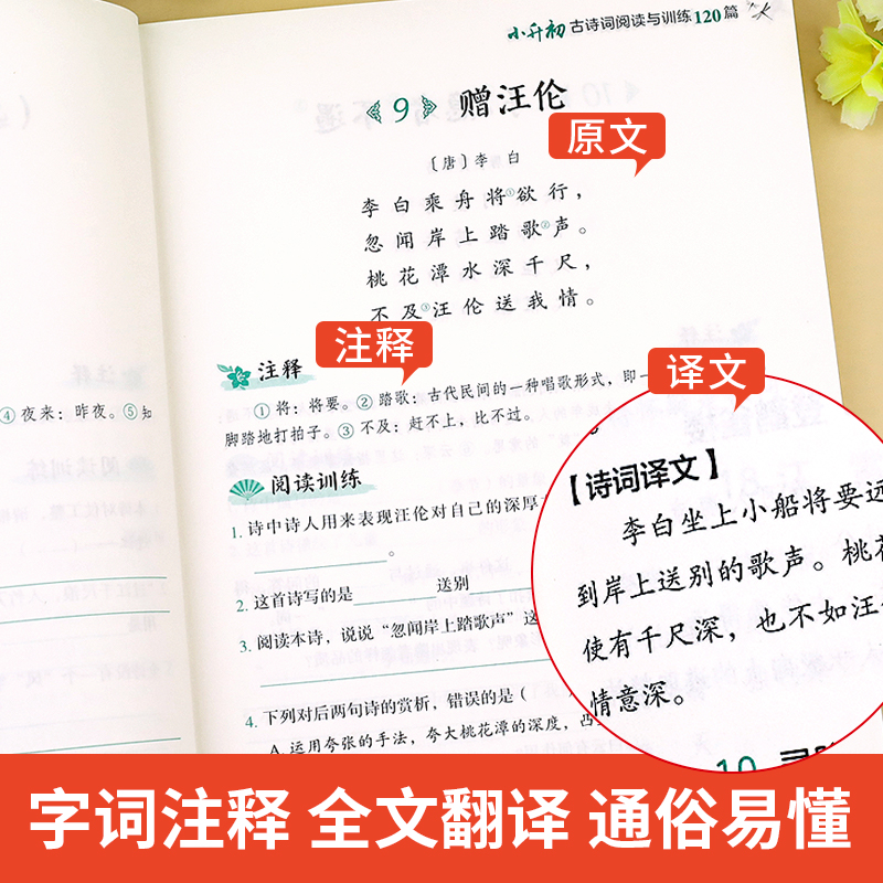 小学升初古诗词阅读与训练120篇人教版 小学生必背古诗词75十80首鉴赏赏析深度阅读六年级上册下册新编课内外古诗文专项训练强化 - 图1