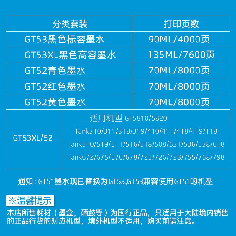 原装惠普gt52 gt53xl hp5820 5810 310 410  419 510 518连供墨水 - 图0