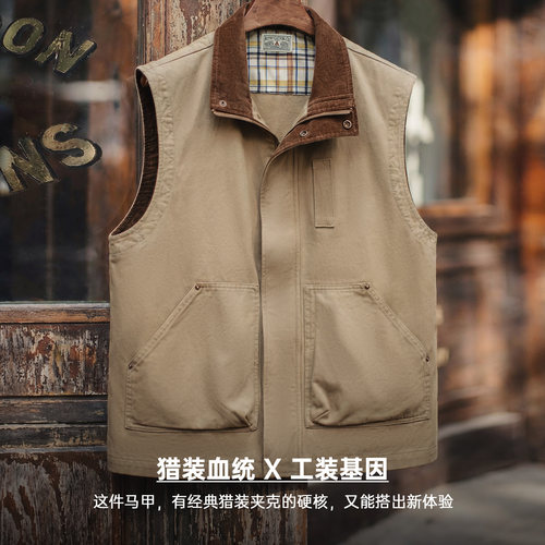 马登工装美式复古safari马甲猎装纯棉卡其色灯芯绒背心外套男款春 - 图0
