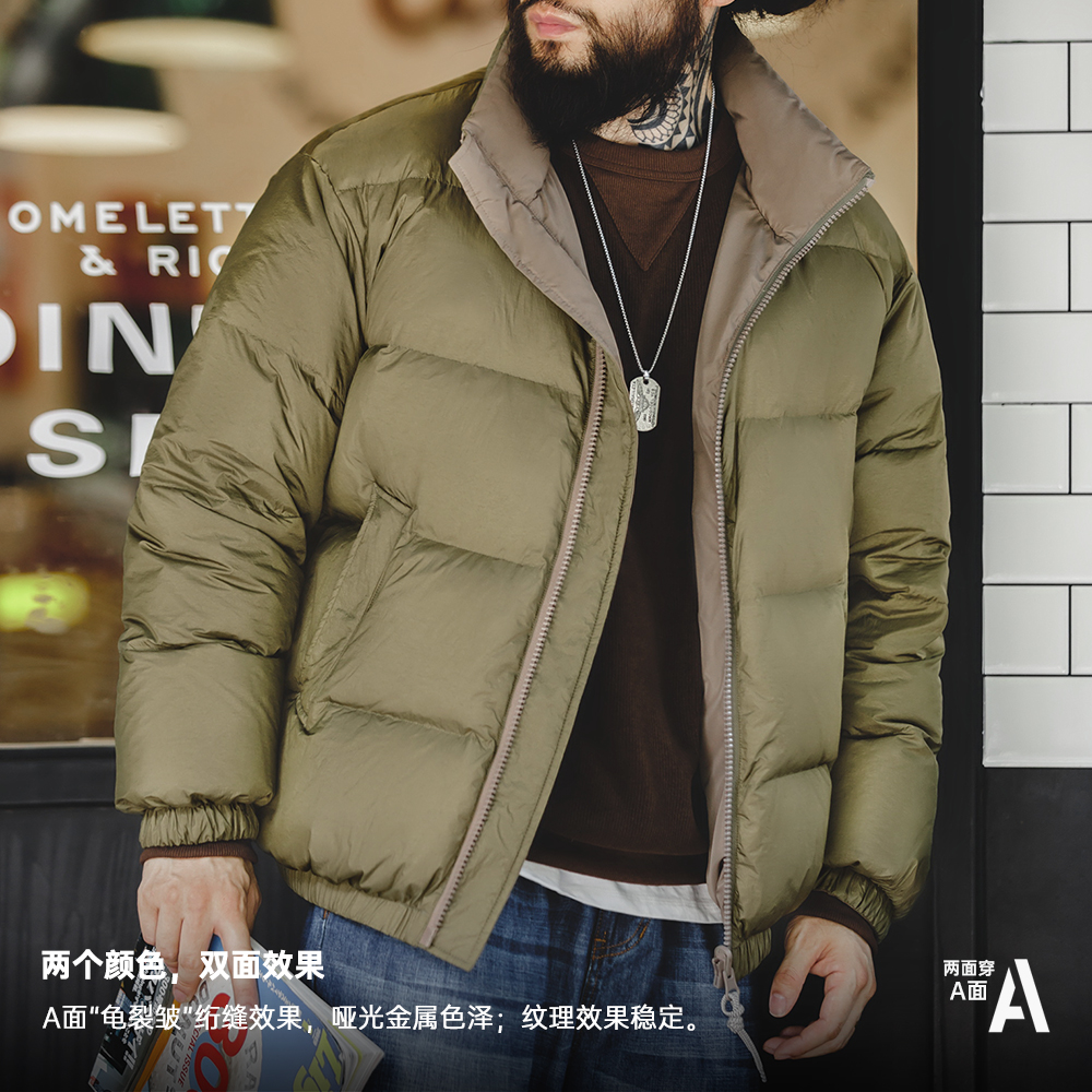 马登工装美式双面穿绗缝羽绒服白鸭绒百搭立领保暖面包服外套男冬 - 图0
