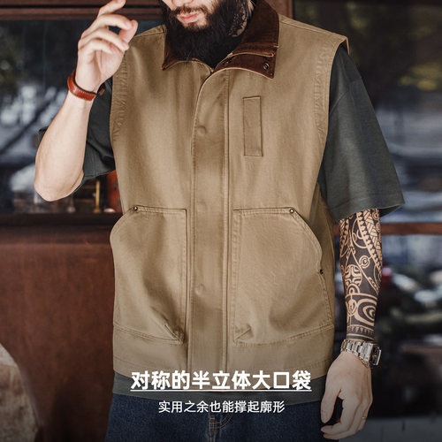 马登工装美式复古safari马甲猎装纯棉卡其色灯芯绒背心外套男款春 - 图1