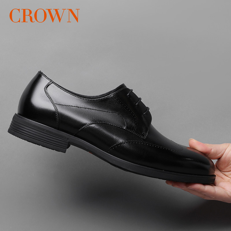 Crown 皇冠正装皮鞋男士春季新款商务系带办公结婚宴会真皮德比鞋