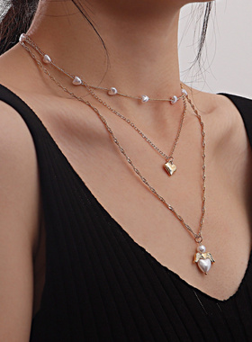 欧美跨境饰品时尚多层心形珍珠天