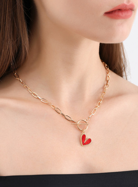 欧美跨境时尚红色桃心元素项链女