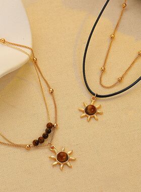 金色太阳花虎眼石项链女轻奢高级