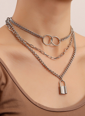 欧美饰品潮流多层挂锁毛衣链ins