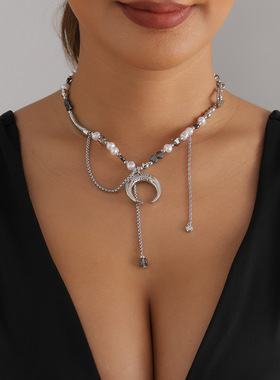 欧美跨境饰品时尚方钻珍珠扁平月