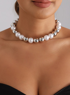 欧美跨境饰品银色圆球颈链夸张个