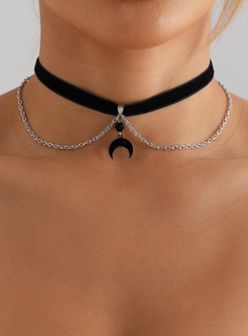 欧美配饰新品哥特黑色天鹅绒链月