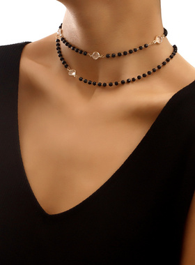 欧美跨境饰品简约双层黑色水钻白