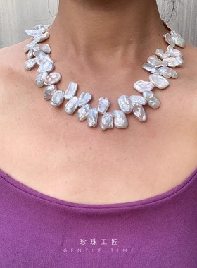 Gentle Time 银蓝天然淡水不规则巴洛克花瓣珍珠项链